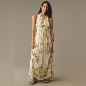 Anthropologie Cream and Green Floral Maxi Dress